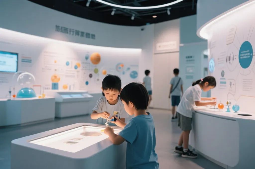 温哥华亲子在水族馆或科学馆的互动展区，孩子专注探索，柔和室内光