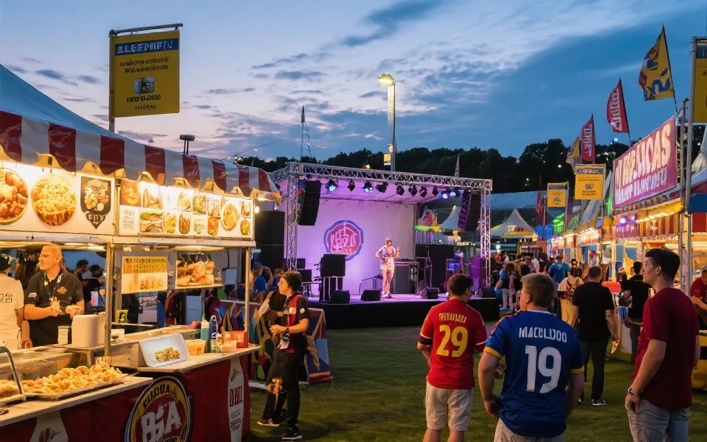 世界杯球迷嘉年华的一天行程，包含美食摊位、舞台表演与观赛大屏的动线示意感